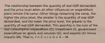 -The relationship between the quantity of real GDP demanded and the price level when all other influences on expenditure plans remain the same -Other things remaining the same, the higher the price level, the smaller is the quantity of real GDP demanded; and the lower the price level, the greater is the quantity of real GDP demanded. This quantity is the sum of the real consumption expenditure (C), investment (I), government expenditure on goods and services (G), and exports (X) minus imports (M). That is, Y = C + I + G + X − M.