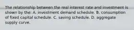 The relationship between the real interest rate and investment is shown by the: A. investment demand schedule. B. consumption of fixed capital schedule. C. saving schedule. D. aggregate supply curve.