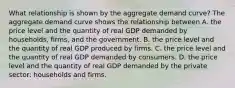 What relationship is shown by the aggregate demand​ curve? The aggregate demand curve shows the relationship between A. the price level and the quantity of real GDP demanded by​ households, firms, and the government. B. the price level and the quantity of real GDP produced by firms. C. the price level and the quantity of real GDP demanded by consumers. D. the price level and the quantity of real GDP demanded by the private​ sector: households and firms.