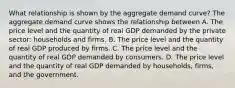 What relationship is shown by the aggregate demand​ curve? The aggregate demand curve shows the relationship between A. The price level and the quantity of real GDP demanded by the private​ sector: households and firms. B. The price level and the quantity of real GDP produced by firms. C. The price level and the quantity of real GDP demanded by consumers. D. The price level and the quantity of real GDP demanded by​ households, firms, and the government.