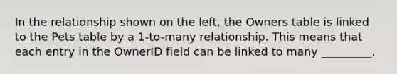 In the relationship shown on the left, the Owners table is linked to the Pets table by a 1-to-many relationship. This means that each entry in the OwnerID field can be linked to many _________.