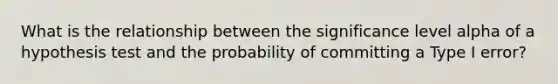 What is the relationship between the significance level alpha of a hypothesis test and the probability of committing a Type I error?