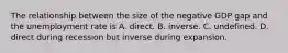 The relationship between the size of the negative GDP gap and the unemployment rate is A. direct. B. inverse. C. undefined. D. direct during recession but inverse during expansion.