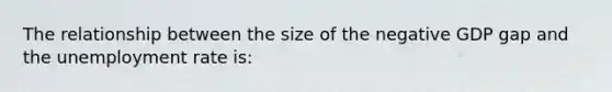 The relationship between the size of the negative GDP gap and the <a href='https://www.questionai.com/knowledge/kh7PJ5HsOk-unemployment-rate' class='anchor-knowledge'>unemployment rate</a> is: