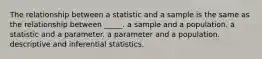 The relationship between a statistic and a sample is the same as the relationship between _____. a sample and a population. a statistic and a parameter. a parameter and a population. descriptive and inferential statistics.