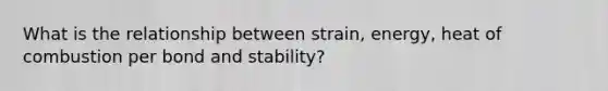 What is the relationship between strain, energy, heat of combustion per bond and stability?