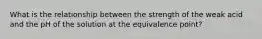 What is the relationship between the strength of the weak acid and the pH of the solution at the equivalence point?