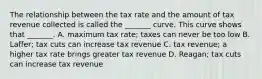 The relationship between the tax rate and the amount of tax revenue collected is called the​ _______ curve. This curve shows that​ _______. A. maximum tax​ rate; taxes can never be too low B. ​Laffer; tax cuts can increase tax revenue C. tax​ revenue; a higher tax rate brings greater tax revenue D. ​Reagan; tax cuts can increase tax revenue