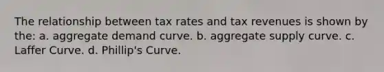 The relationship between tax rates and tax revenues is shown by the: a. aggregate demand curve. b. aggregate supply curve. c. Laffer Curve. d. Phillip's Curve.