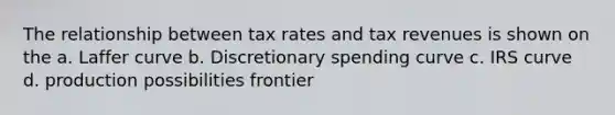 The relationship between tax rates and tax revenues is shown on the a. Laffer curve b. Discretionary spending curve c. IRS curve d. production possibilities frontier