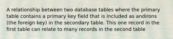 A relationship between two database tables where the primary table contains a primary key field that is included as andirons (the foreign key) in the secondary table. This one record in the first table can relate to many records in the second table