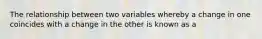 The relationship between two variables whereby a change in one coincides with a change in the other is known as a