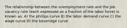 The relationship between the unemployment rate and the job vacancy rate (each expressed as a fraction of the labor force) is known as: A) the phillips curve B) the labor demand curve C) the wage curve D) the beveridge curve