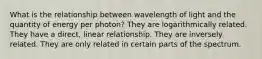 What is the relationship between wavelength of light and the quantity of energy per photon? They are logarithmically related. They have a direct, linear relationship. They are inversely related. They are only related in certain parts of the spectrum.