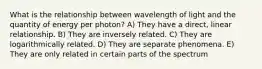 What is the relationship between wavelength of light and the quantity of energy per photon? A) They have a direct, linear relationship. B) They are inversely related. C) They are logarithmically related. D) They are separate phenomena. E) They are only related in certain parts of the spectrum