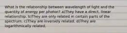 What is the relationship between wavelength of light and the quantity of energy per photon? a)They have a direct, linear relationship. b)They are only related in certain parts of the spectrum. c)They are inversely related. d)They are logarithmically related.