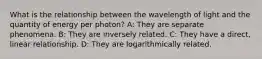 What is the relationship between the wavelength of light and the quantity of energy per photon? A: They are separate phenomena. B: They are inversely related. C: They have a direct, linear relationship. D: They are logarithmically related.