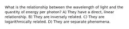 What is the relationship between the wavelength of light and the quantity of energy per photon? A) They have a direct, linear relationship. B) They are inversely related. C) They are logarithmically related. D) They are separate phenomena.