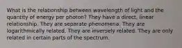 What is the relationship between wavelength of light and the quantity of energy per photon? They have a direct, linear relationship. They are separate phenomena. They are logarithmically related. They are inversely related. They are only related in certain parts of the spectrum.