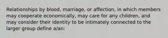 Relationships by blood, marriage, or affection, in which members may cooperate economically, may care for any children, and may consider their identity to be intimately connected to the larger group define a/an: