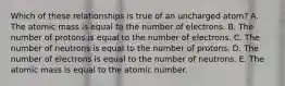 Which of these relationships is true of an uncharged atom? A. The atomic mass is equal to the number of electrons. B. The number of protons is equal to the number of electrons. C. The number of neutrons is equal to the number of protons. D. The number of electrons is equal to the number of neutrons. E. The atomic mass is equal to the atomic number.