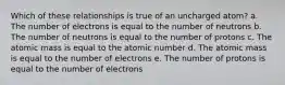 Which of these relationships is true of an uncharged atom? a. The number of electrons is equal to the number of neutrons b. The number of neutrons is equal to the number of protons c. The atomic mass is equal to the atomic number d. The atomic mass is equal to the number of electrons e. The number of protons is equal to the number of electrons