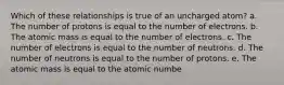 Which of these relationships is true of an uncharged atom? a. The number of protons is equal to the number of electrons. b. The atomic mass is equal to the number of electrons. c. The number of electrons is equal to the number of neutrons. d. The number of neutrons is equal to the number of protons. e. The atomic mass is equal to the atomic numbe