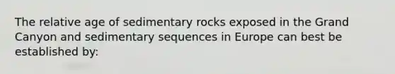 The relative age of sedimentary rocks exposed in the Grand Canyon and sedimentary sequences in Europe can best be established by: