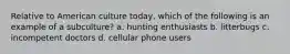 Relative to American culture today, which of the following is an example of a subculture? a. hunting enthusiasts b. litterbugs c. incompetent doctors d. cellular phone users