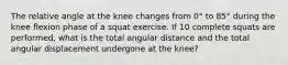 The relative angle at the knee changes from 0° to 85° during the knee flexion phase of a squat exercise. If 10 complete squats are performed, what is the total angular distance and the total angular displacement undergone at the knee?