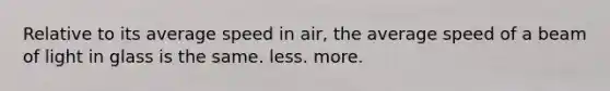 Relative to its average speed in air, the average speed of a beam of light in glass is the same. less. more.