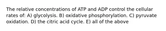 The relative concentrations of ATP and ADP control the cellular rates of: A) glycolysis. B) <a href='https://www.questionai.com/knowledge/kFazUb9IwO-oxidative-phosphorylation' class='anchor-knowledge'>oxidative phosphorylation</a>. C) pyruvate oxidation. D) the citric acid cycle. E) all of the above