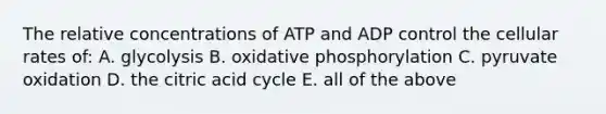 The relative concentrations of ATP and ADP control the cellular rates of: A. glycolysis B. oxidative phosphorylation C. pyruvate oxidation D. the citric acid cycle E. all of the above