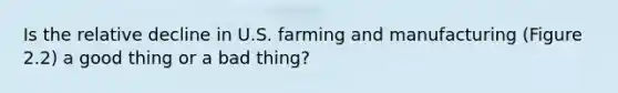 Is the relative decline in U.S. farming and manufacturing (Figure 2.2) a good thing or a bad thing?