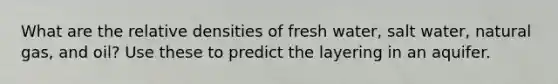 What are the relative densities of fresh water, salt water, natural gas, and oil? Use these to predict the layering in an aquifer.