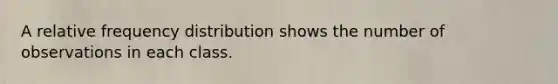 A relative <a href='https://www.questionai.com/knowledge/kBageYpRHz-frequency-distribution' class='anchor-knowledge'>frequency distribution</a> shows the number of observations in each class.