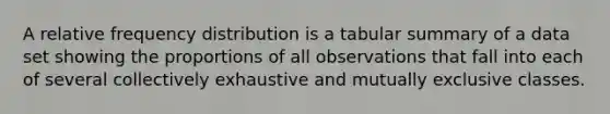 A relative <a href='https://www.questionai.com/knowledge/kBageYpRHz-frequency-distribution' class='anchor-knowledge'>frequency distribution</a> is a tabular summary of a data set showing the proportions of all observations that fall into each of several collectively exhaustive and mutually exclusive classes.