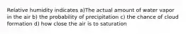 Relative humidity indicates a)The actual amount of water vapor in the air b) the probability of precipitation c) the chance of cloud formation d) how close the air is to saturation