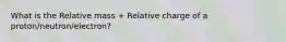 What is the Relative mass + Relative charge of a proton/neutron/electron?