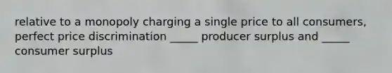 relative to a monopoly charging a single price to all consumers, perfect price discrimination _____ producer surplus and _____ consumer surplus