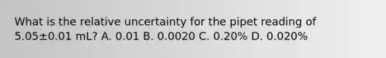 What is the relative uncertainty for the pipet reading of 5.05±0.01 mL? A. 0.01 B. 0.0020 C. 0.20% D. 0.020%