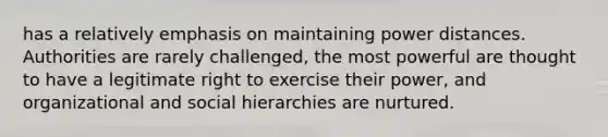 has a relatively emphasis on maintaining power distances. Authorities are rarely challenged, the most powerful are thought to have a legitimate right to exercise their power, and organizational and social hierarchies are nurtured.