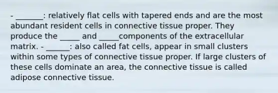 - _______: relatively flat cells with tapered ends and are the most abundant resident cells in connective tissue proper. They produce the _____ and _____components of the extracellular matrix. - ______: also called fat cells, appear in small clusters within some types of connective tissue proper. If large clusters of these cells dominate an area, the connective tissue is called adipose connective tissue.