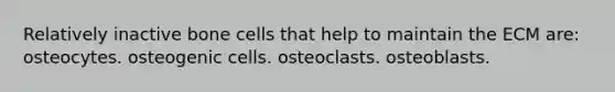 Relatively inactive bone cells that help to maintain the ECM are: osteocytes. osteogenic cells. osteoclasts. osteoblasts.