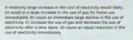 A relatively large increase in the cost of electricity would likely... A) result in a large increase in the use of gas for home use immediately. B) cause an immediate large decline in the use of electricity. C) increase the use of gas and decrease the use of electricity after a time lapse. D) cause an equal reduction in the use of electricity immediately.