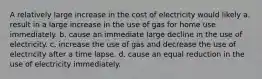 A relatively large increase in the cost of electricity would likely a. result in a large increase in the use of gas for home use immediately. b. cause an immediate large decline in the use of electricity. c. increase the use of gas and decrease the use of electricity after a time lapse. d. cause an equal reduction in the use of electricity immediately.