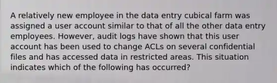 A relatively new employee in the data entry cubical farm was assigned a user account similar to that of all the other data entry employees. However, audit logs have shown that this user account has been used to change ACLs on several confidential files and has accessed data in restricted areas. This situation indicates which of the following has occurred?