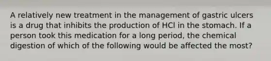 A relatively new treatment in the management of gastric ulcers is a drug that inhibits the production of HCl in the stomach. If a person took this medication for a long period, the chemical digestion of which of the following would be affected the most?