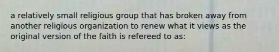 a relatively small religious group that has broken away from another religious organization to renew what it views as the original version of the faith is refereed to as: