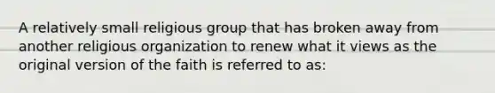 A relatively small religious group that has broken away from another religious organization to renew what it views as the original version of the faith is referred to as: